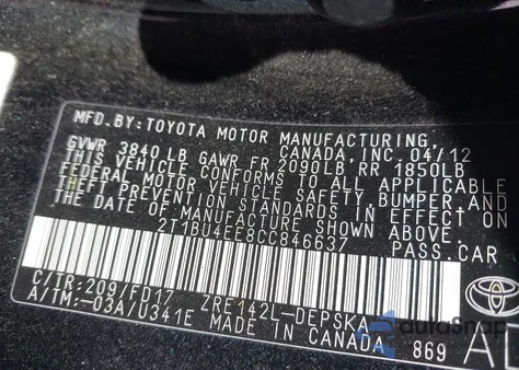 2012 Toyota Corolla S from USA, damaged, VIN 2T1BU4EE8CC846637